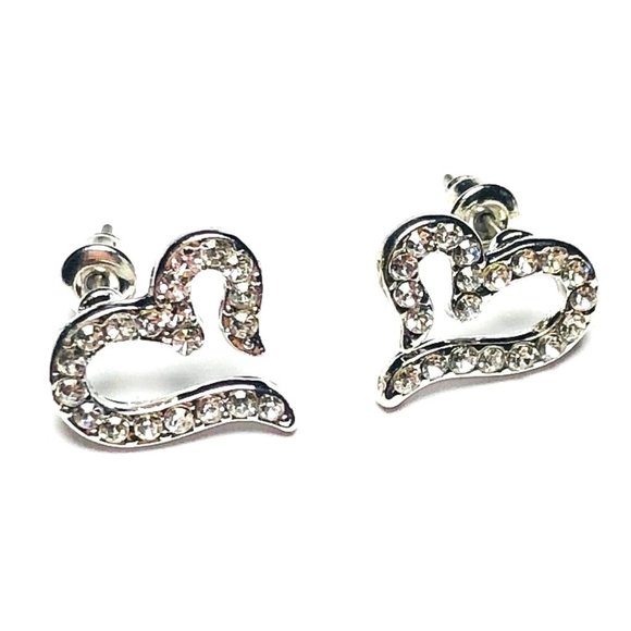 New! Rhinestones Heart Stud Earrings Silver - Picture 3 of 9